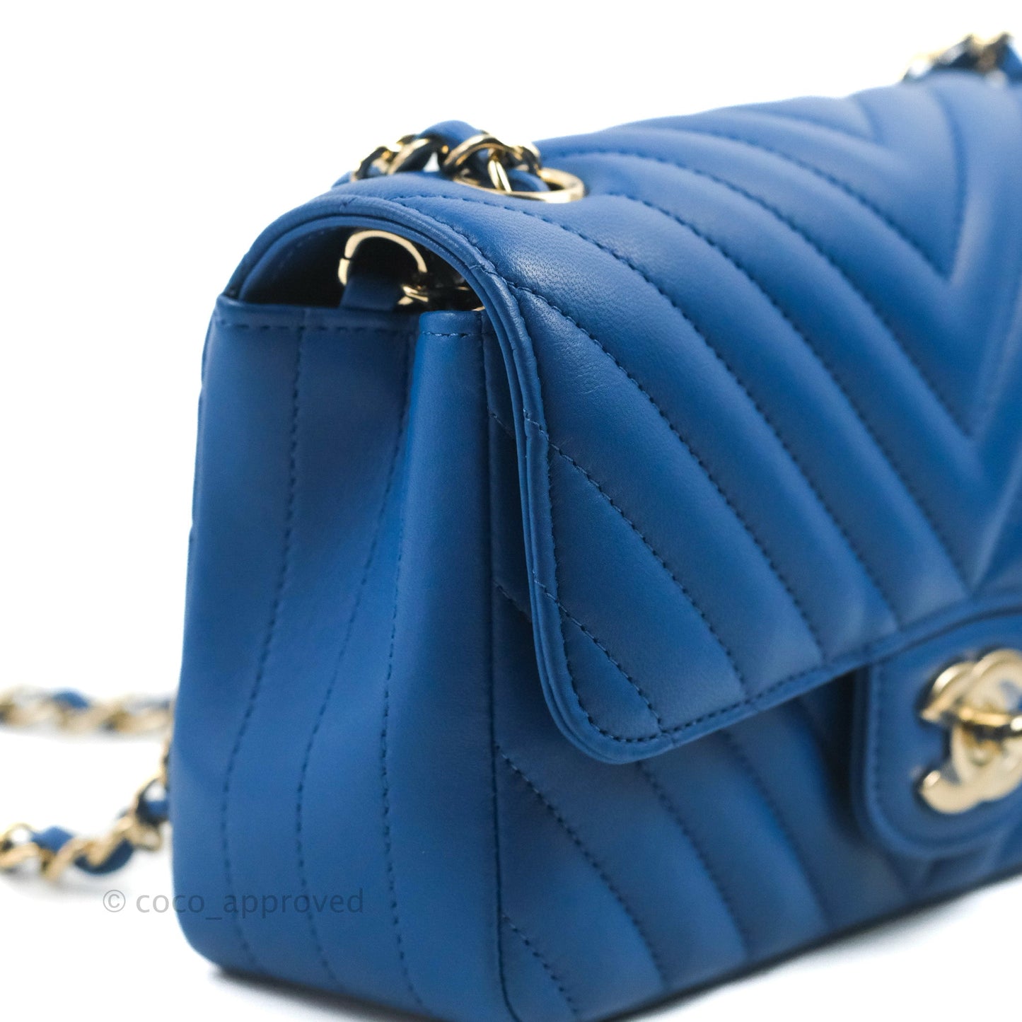 Chanel Chevron Mini Rectangular Flap Blue Lambskin Light Gold Hardware