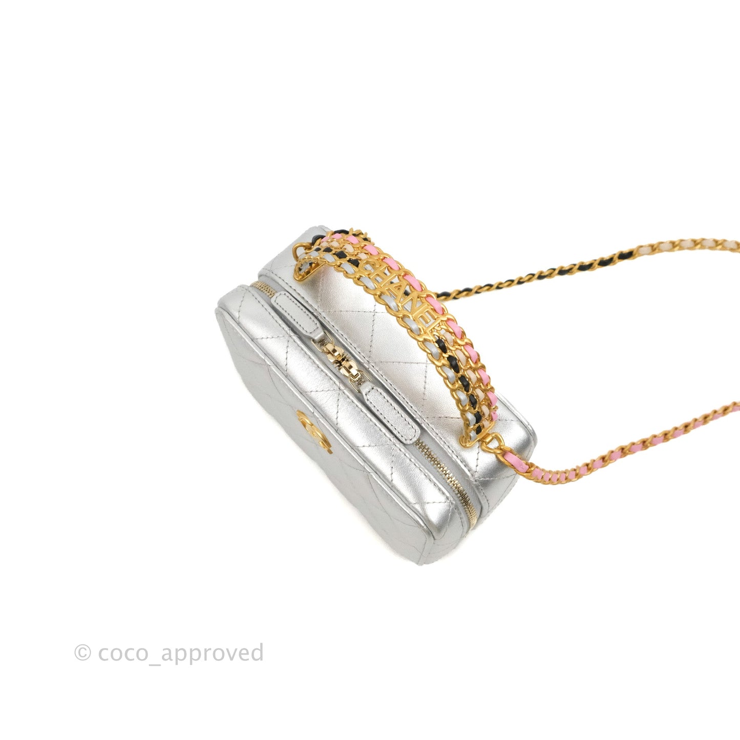Chanel Rainbow Top Handle Vanity Case Metallic Silver Lambskin Aged Gold Hardware 23P
