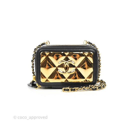 Chanel Metal Quilted Extra Mini Vanity Case With Chain Black Gold Lambskin
