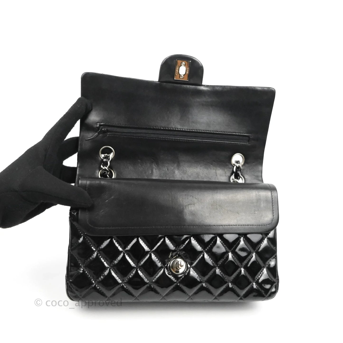 Chanel Classic Quilted M/L Medium Double Flap Black Patent Silver Hardware