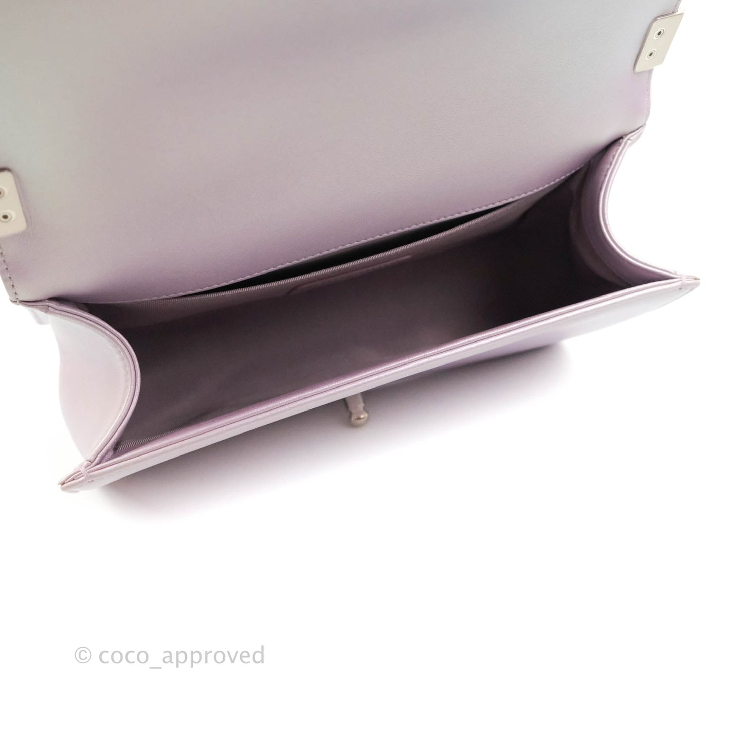 Chanel Medium Boy Chevron Iridescent Lilac Calfskin Silver Hardware