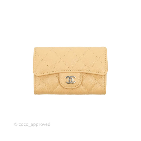 Chanel Quilted Flap Card Holder Beige Caviar Silver Hardware