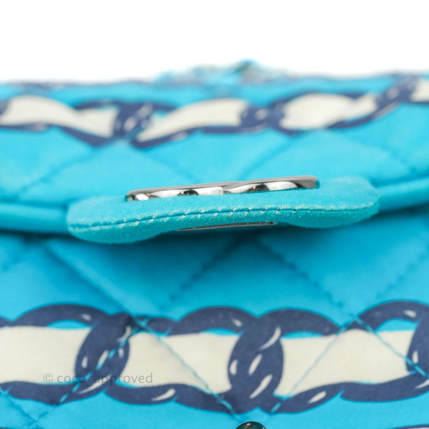 Chanel Medium Single Flap Chain Printed in Blue Silk Gun Metal