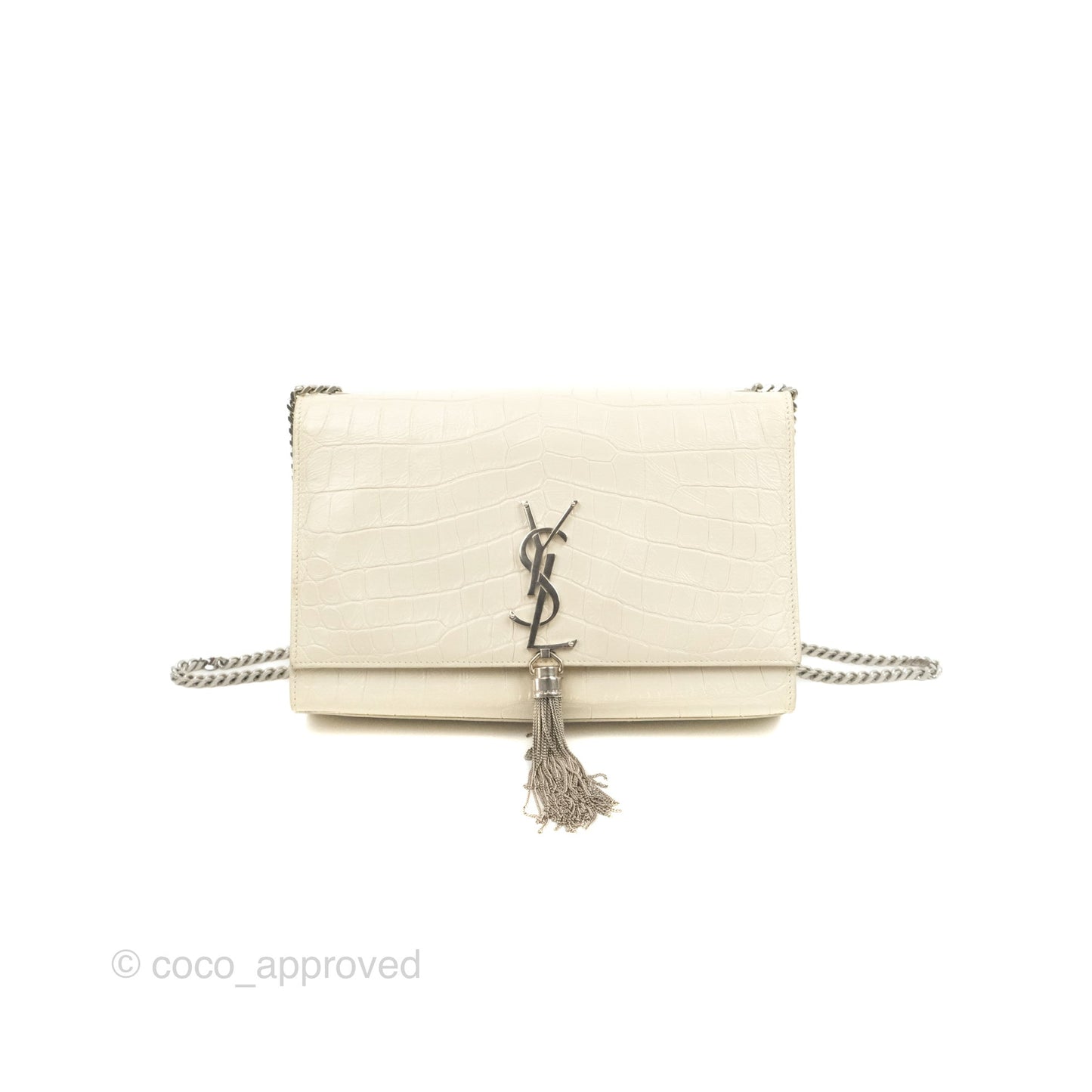 Saint Laurent Medium Kate Tassel Chain Bag Blanc Vintage Crocodile Embossed Calfskin Silver Hardware