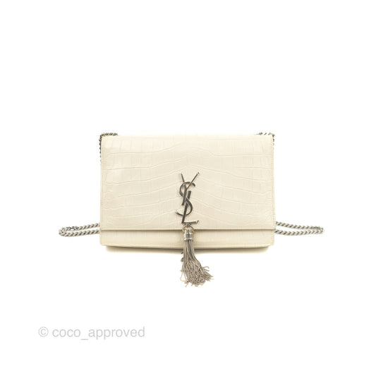 Saint Laurent Medium Kate Tassel Chain Bag Blanc Vintage Crocodile Embossed Calfskin Silver Hardware