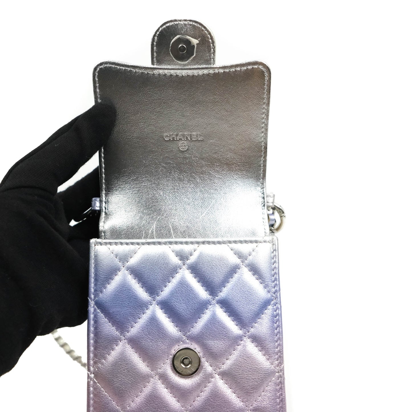 Chanel Classic Quilted Metallic Rainbow Lambskin Phone Holder Rainbow Hardware
