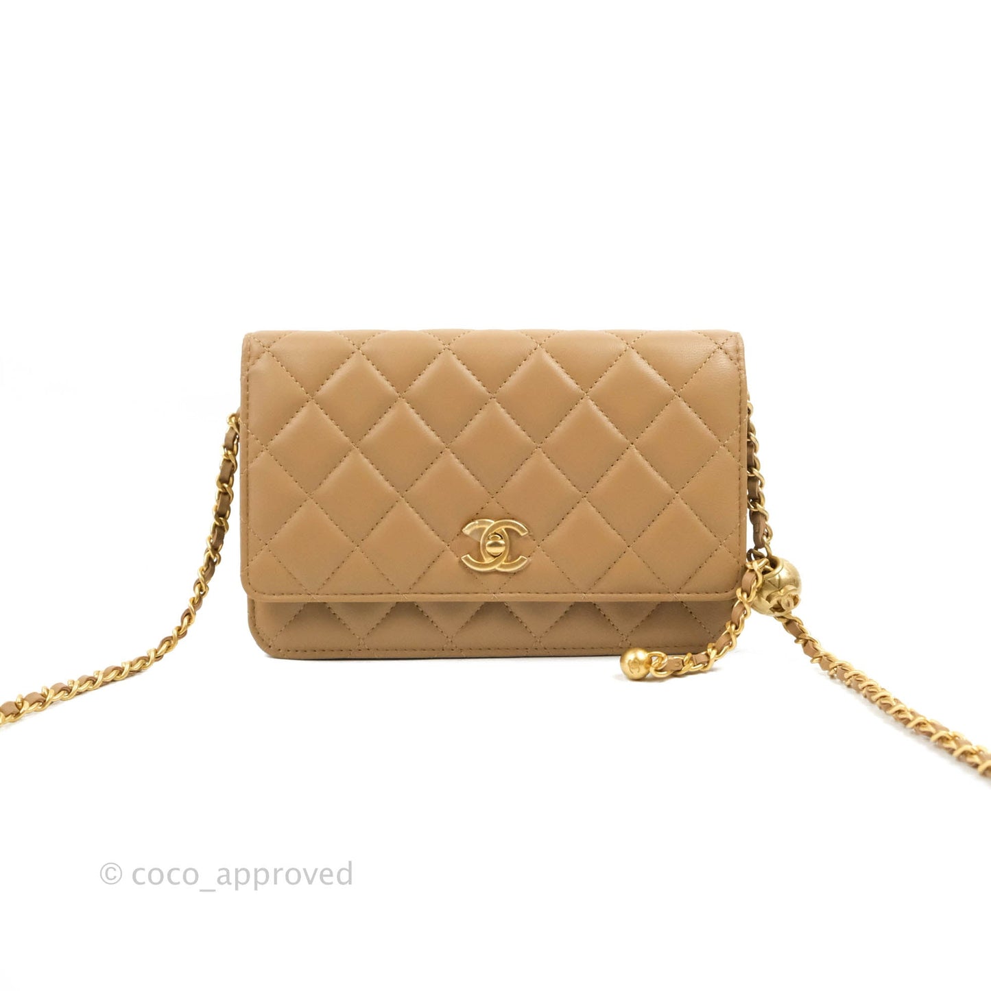 Chanel Quilted Pearl Crush Wallet on Chain WOC Beige Lambskin Aged Gold Hardware 22B