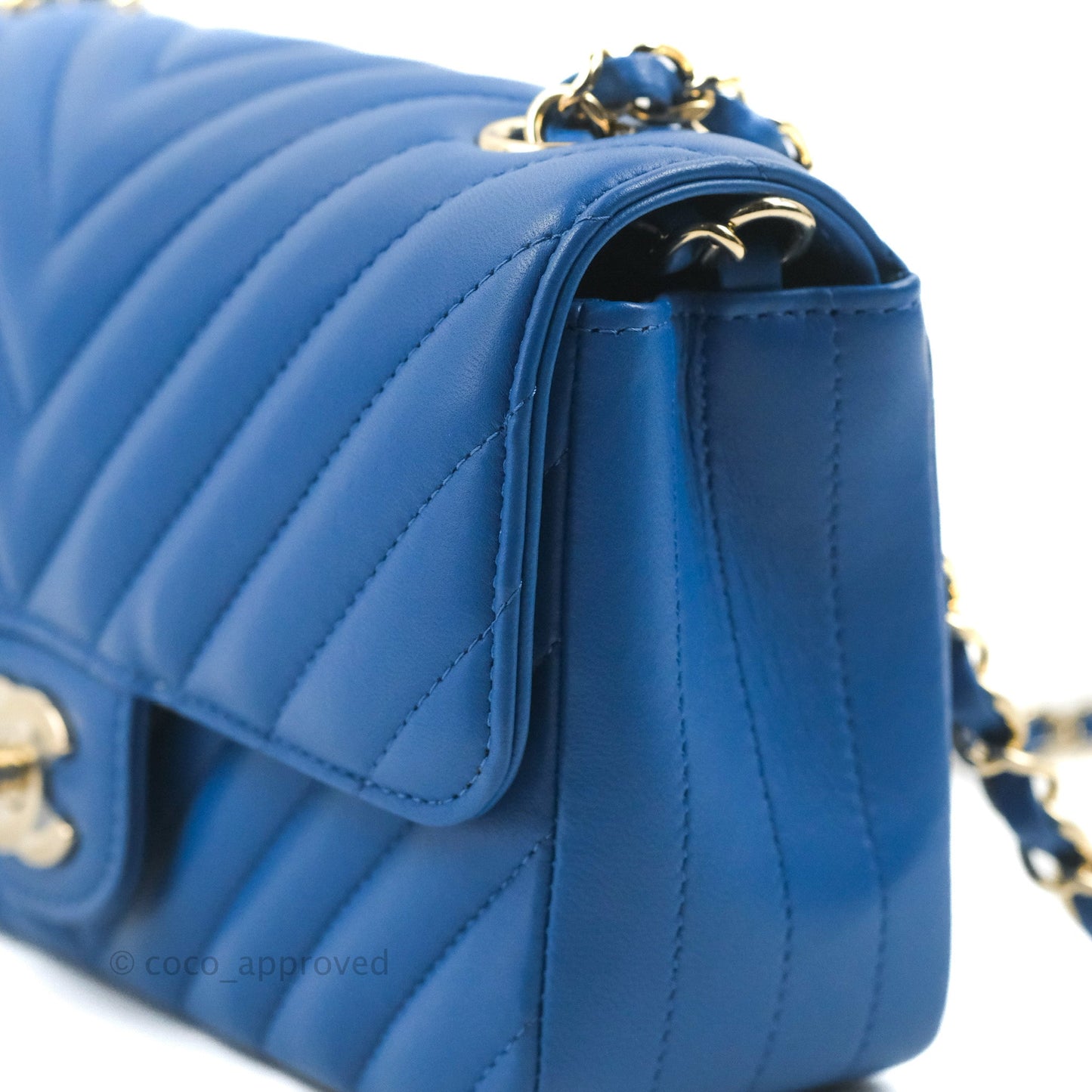 Chanel Chevron Mini Rectangular Flap Blue Lambskin Light Gold Hardware