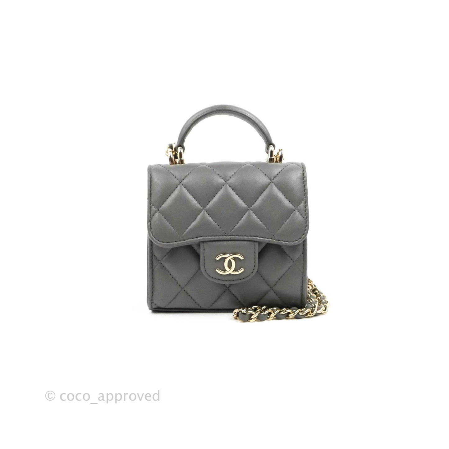 Chanel Mini Handle Clutch With Chain Grey Lambskin Gold Hardware