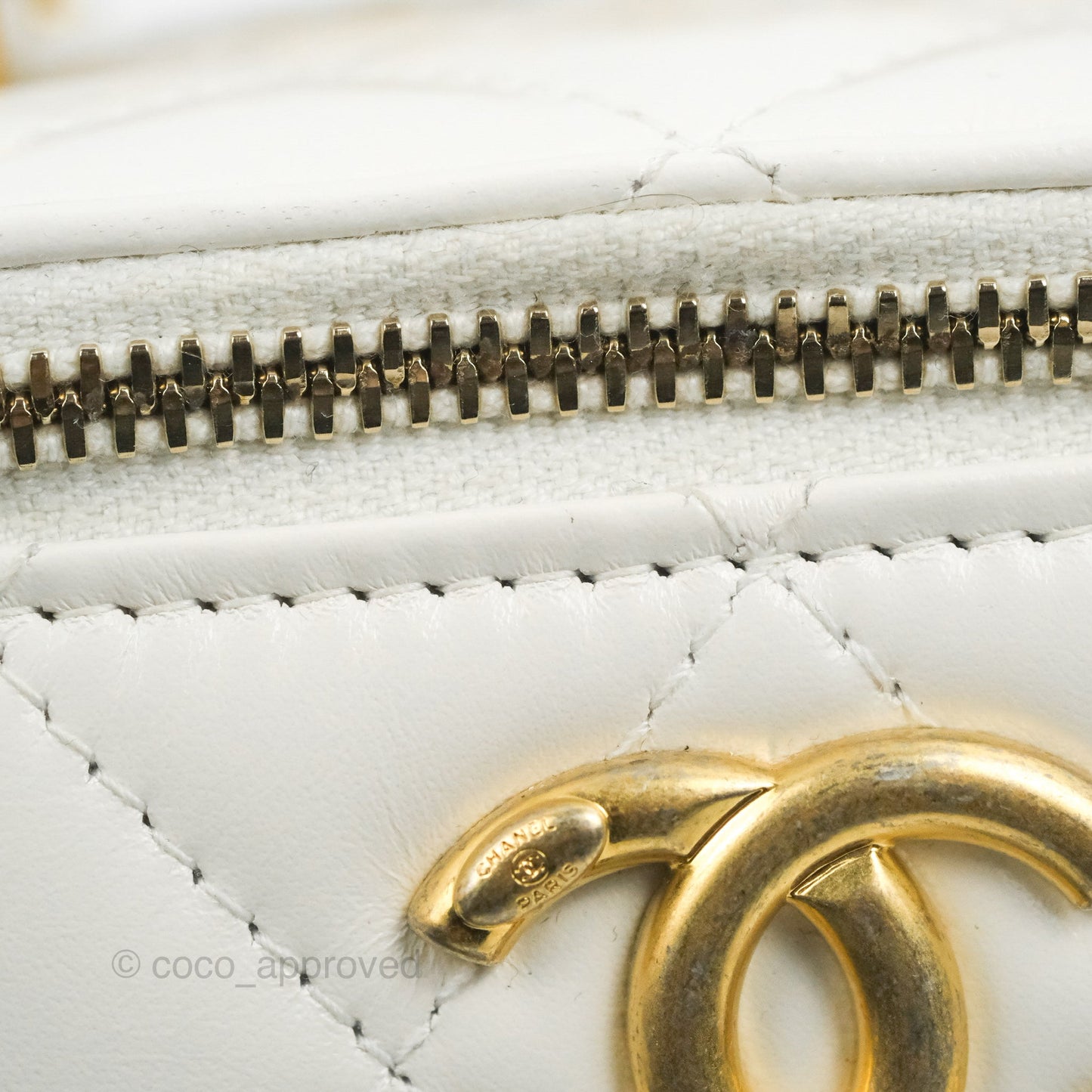 Chanel Quilted Mini Perfect Fit Vanity With Chain White Calfskin Aged Gold Hardware