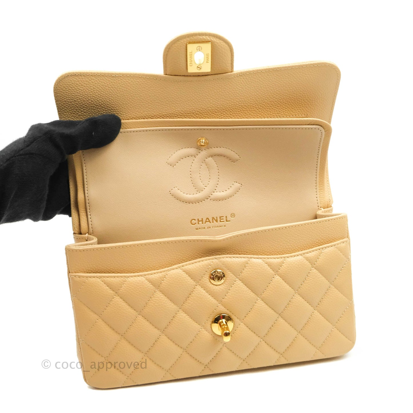 Chanel Small Classic Quilted Flap Beige Caviar Gold Hardware