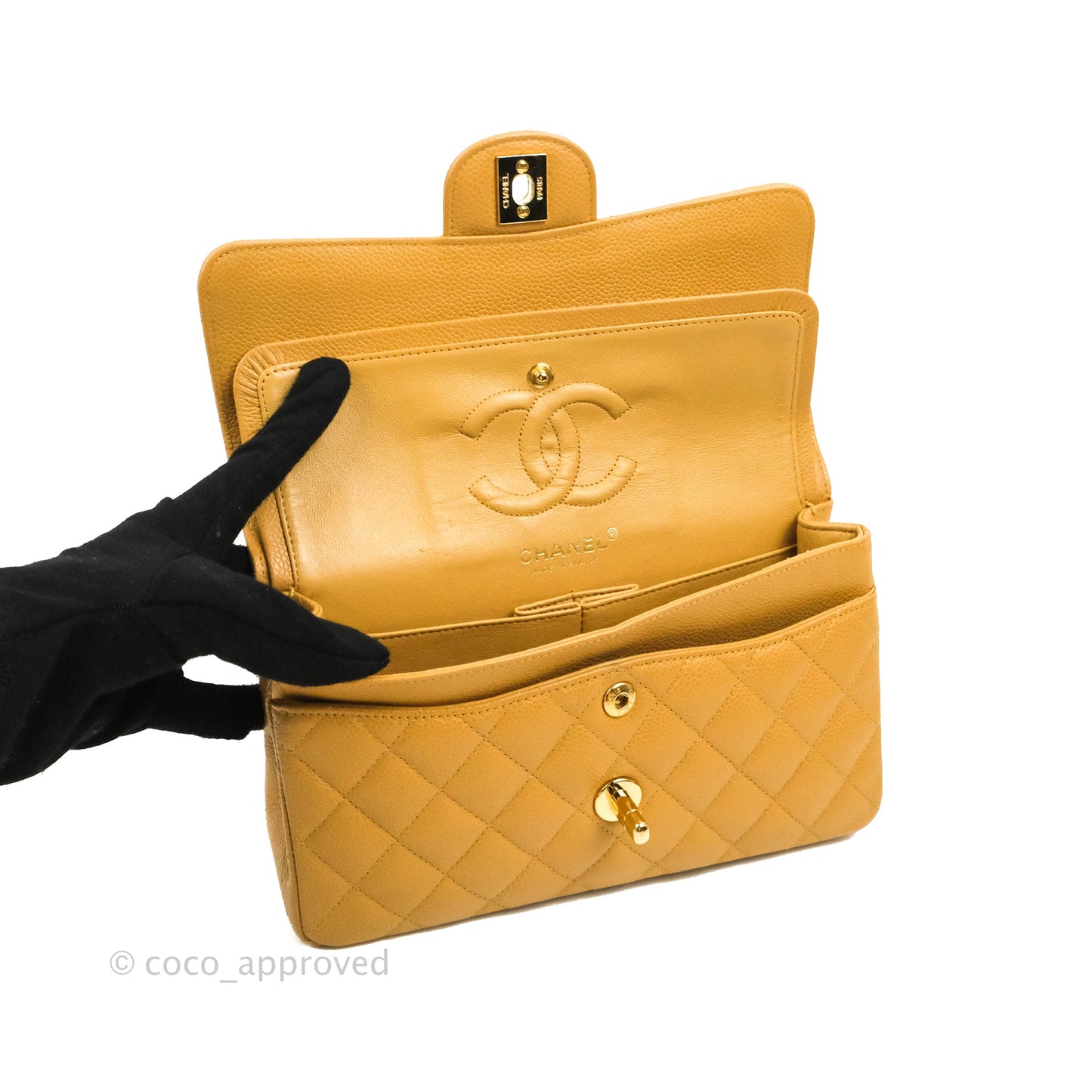 Chanel S/M Small Classic Quilted Flap Dark Beige Caviar 24K Gold Hardware