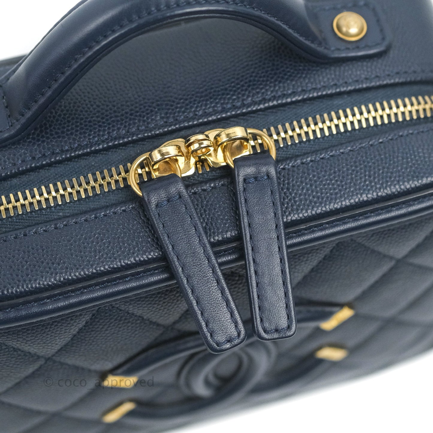 Chanel Quilted Small CC Filigree Vanity Case Navy Caviar Gold Hardware