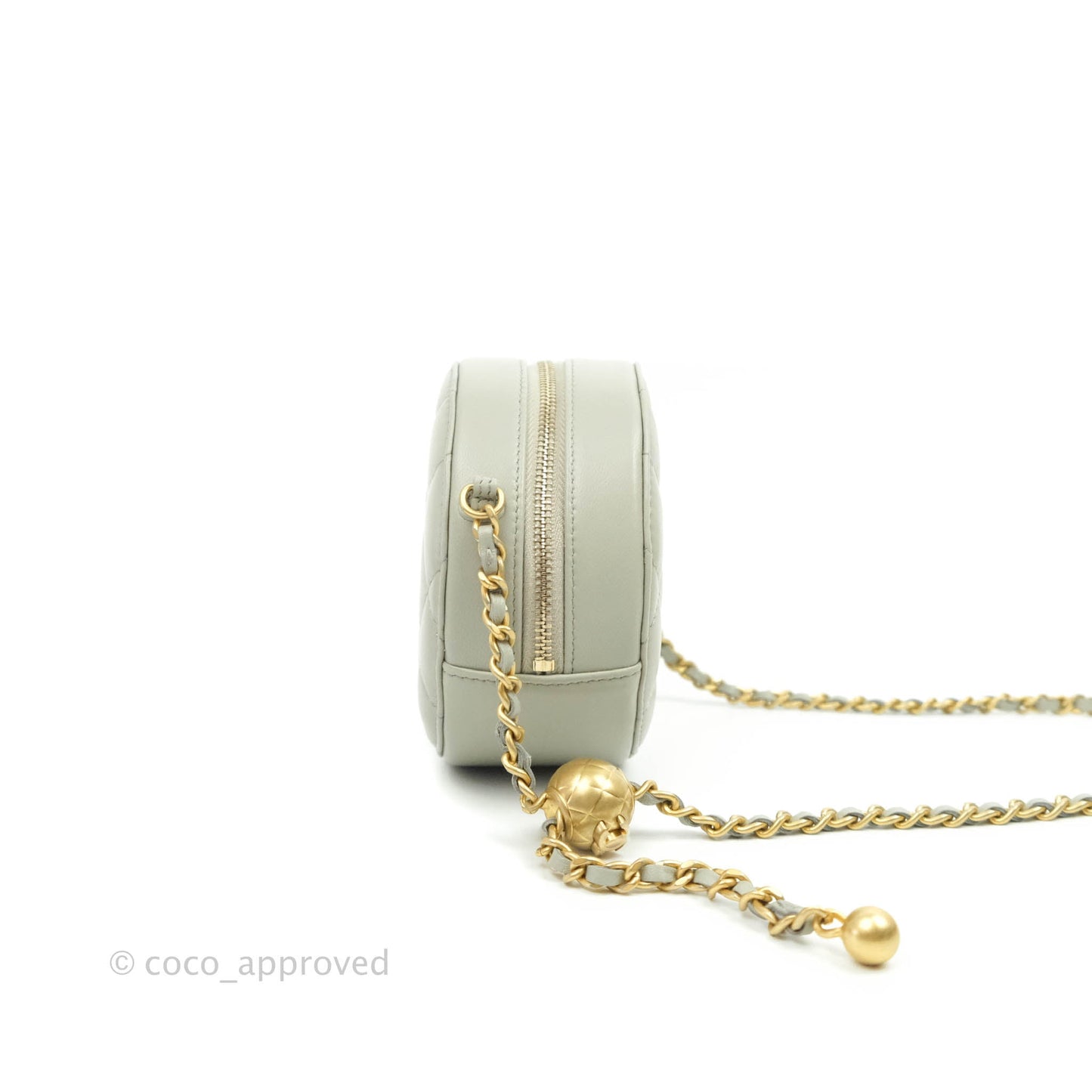 Chanel Quilted Round Pearl Crush Clutch With Chain Grey Lambskin Aged Gold Hardware