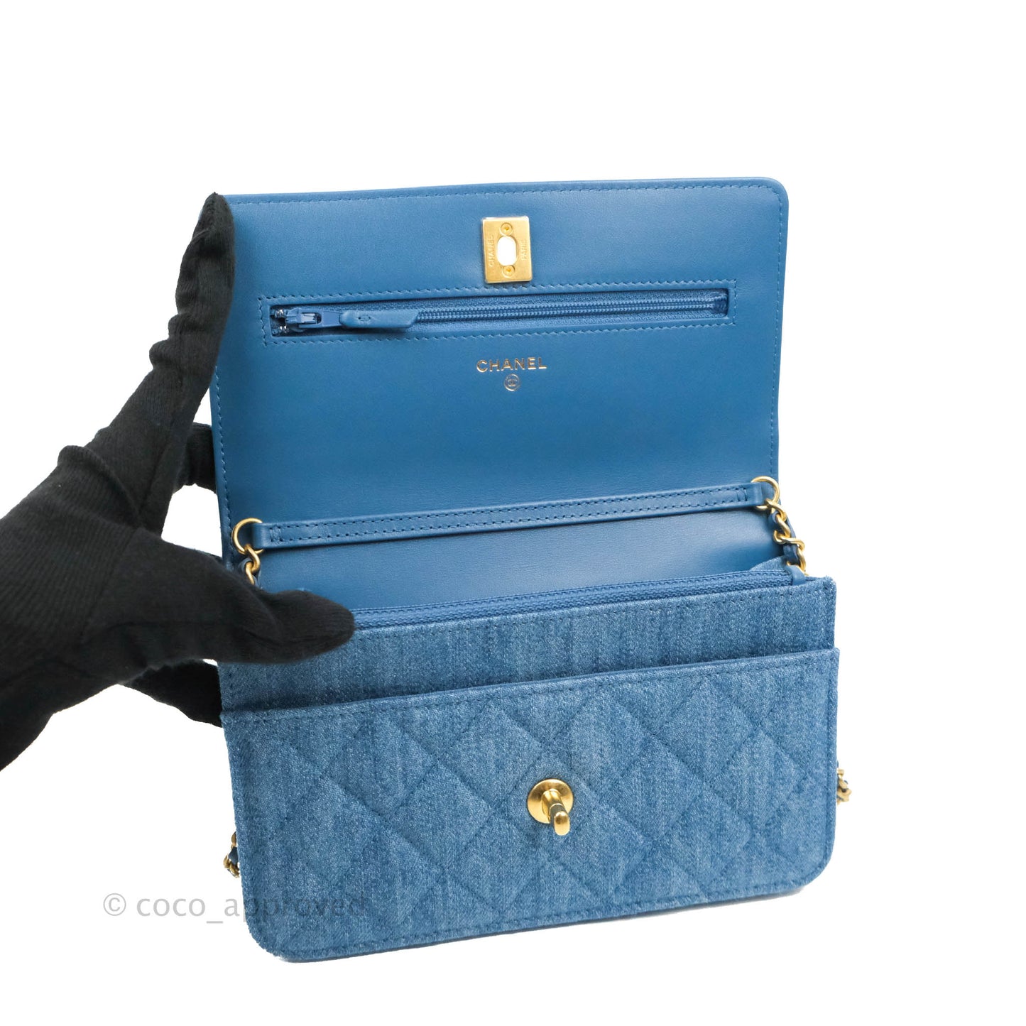 Chanel Quilted Pearl Crush Wallet on Chain WOC Denim Aged Gold Hardware
