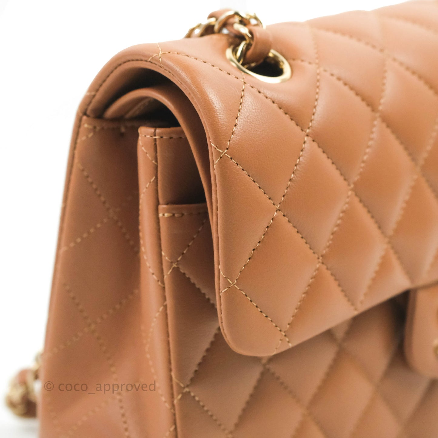 Chanel Small Classic Quilted Flap Dark Beige Caramel Lambskin Gold Hardware 22S