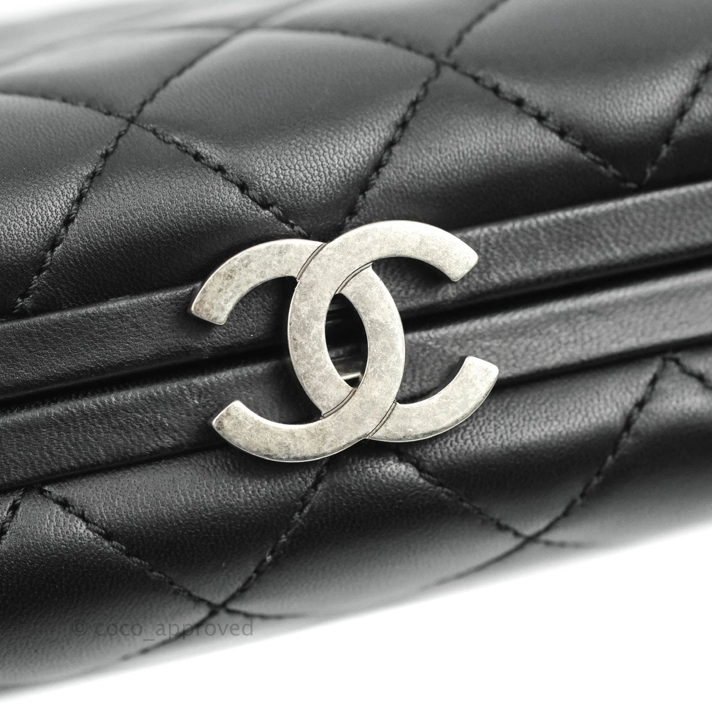 Chanel Quilted CC Kisslock Box With Chain Black Lambskin Ruthenium Hardware