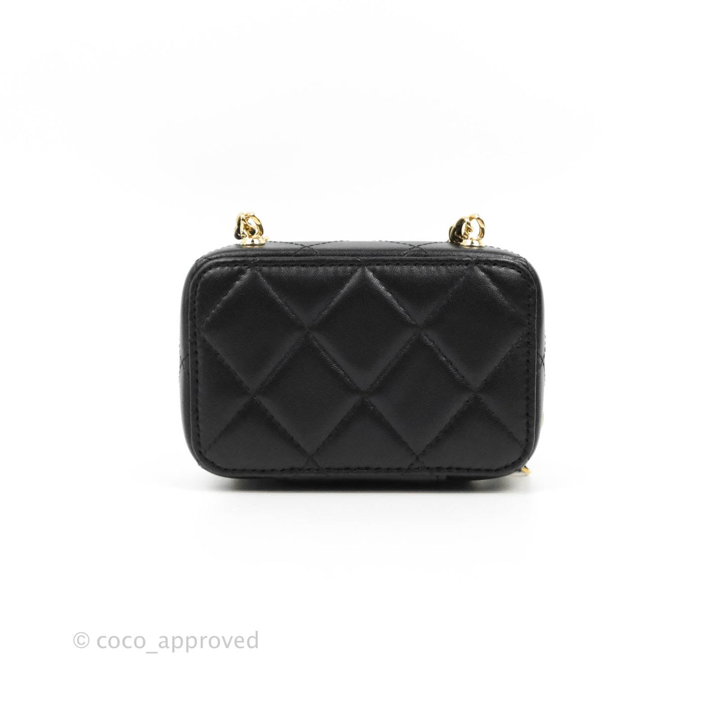 Chanel Metal Quilted Extra Mini Vanity Case With Chain Black Gold Lambskin