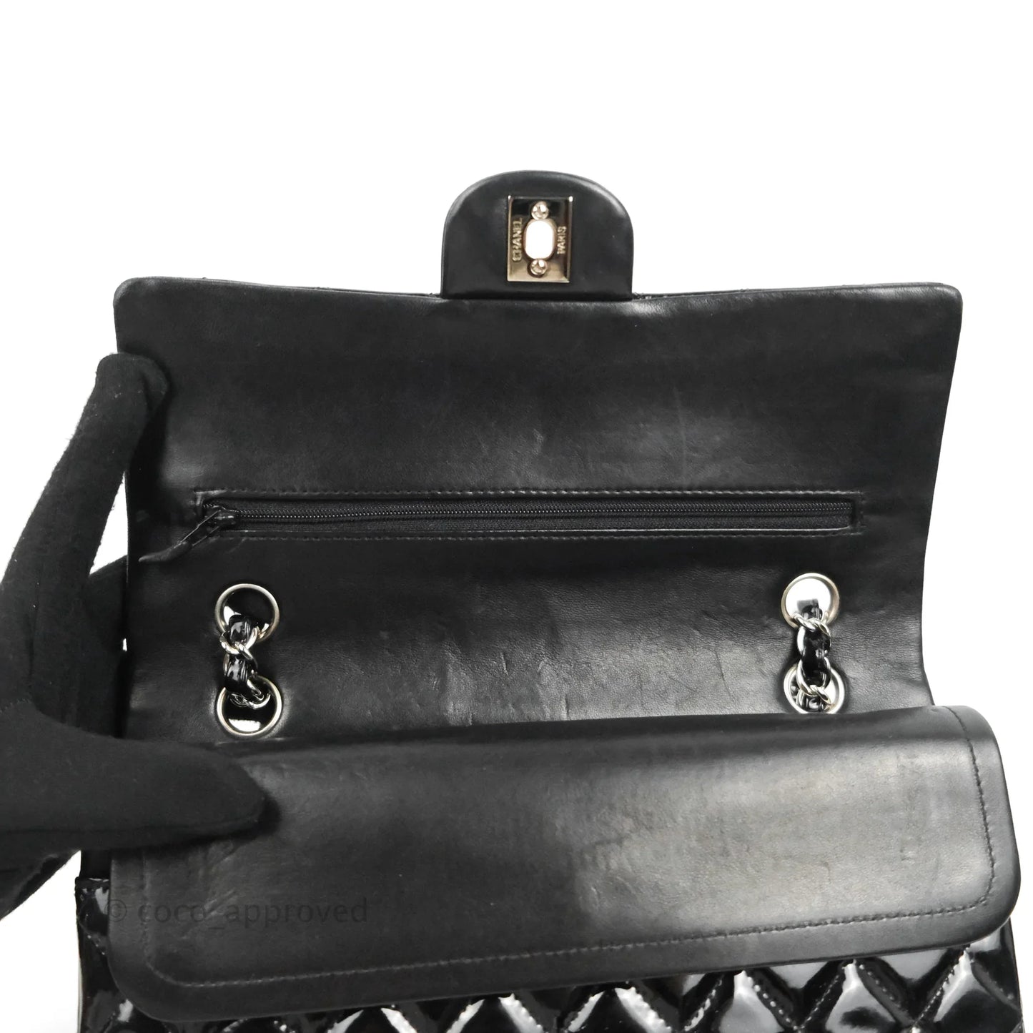 Chanel Classic Quilted M/L Medium Double Flap Black Patent Silver Hardware