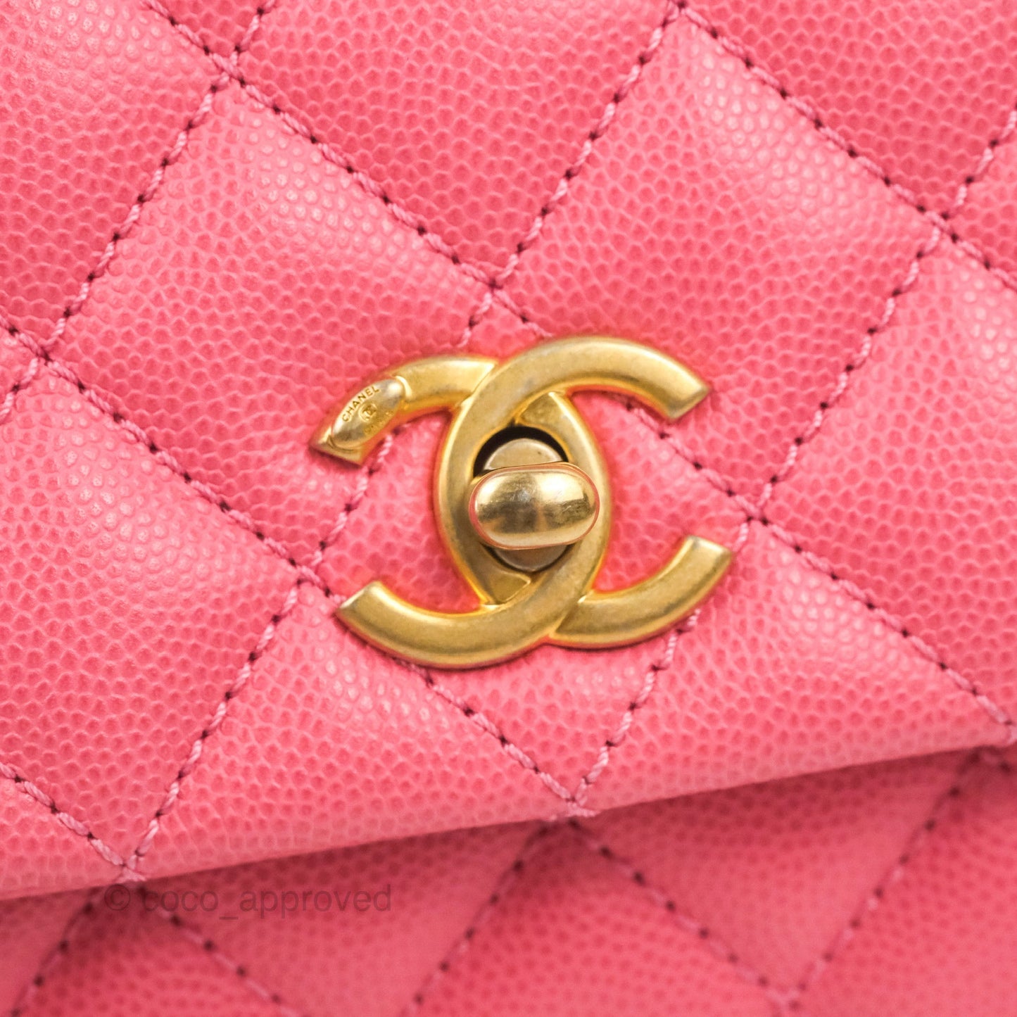 Chanel Small Coco Handle Quilted Pink Caviar Aged Gold Hardware Lizard Embossed Handle