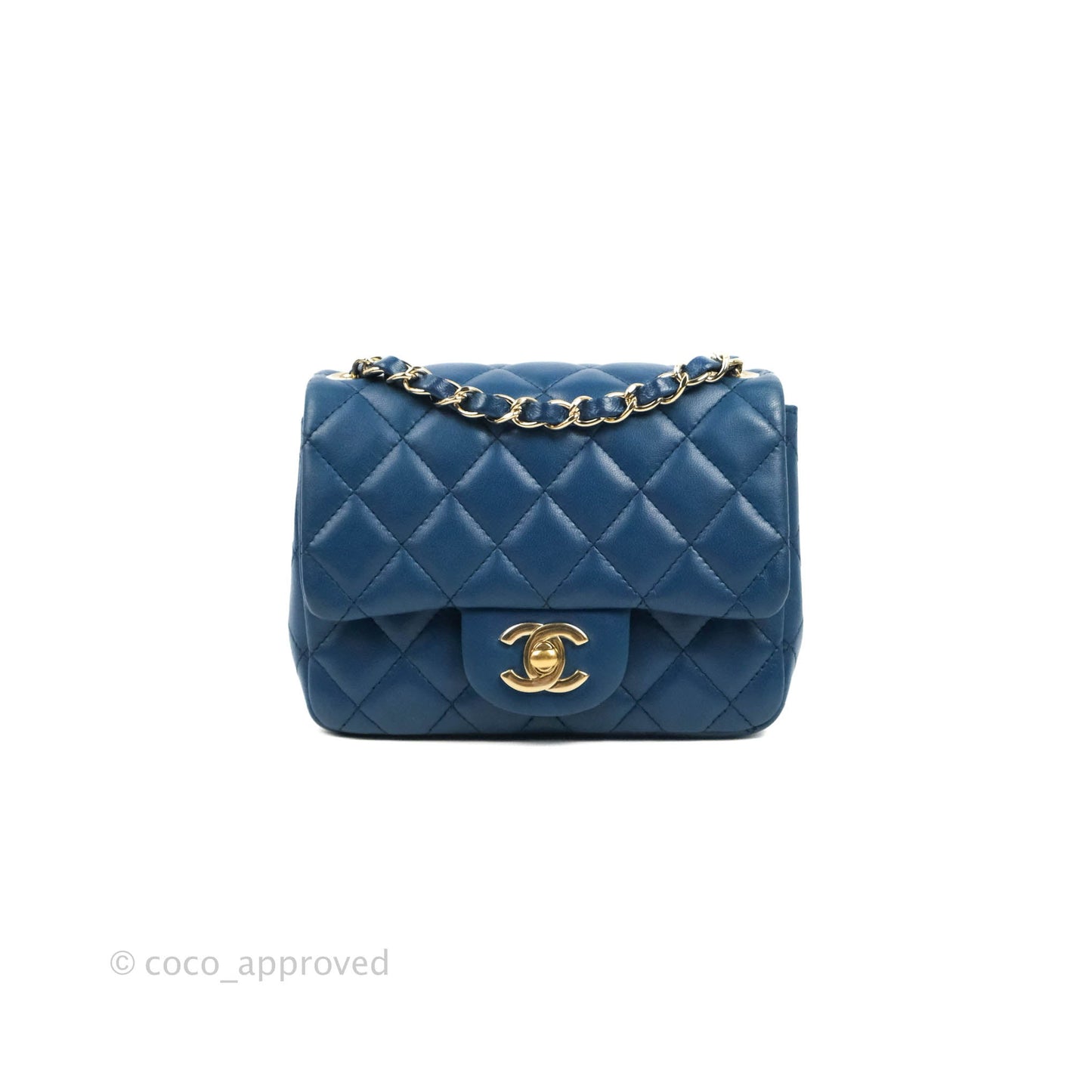 Chanel Quilted Mini Square Blue Lambskin Gold Hardware