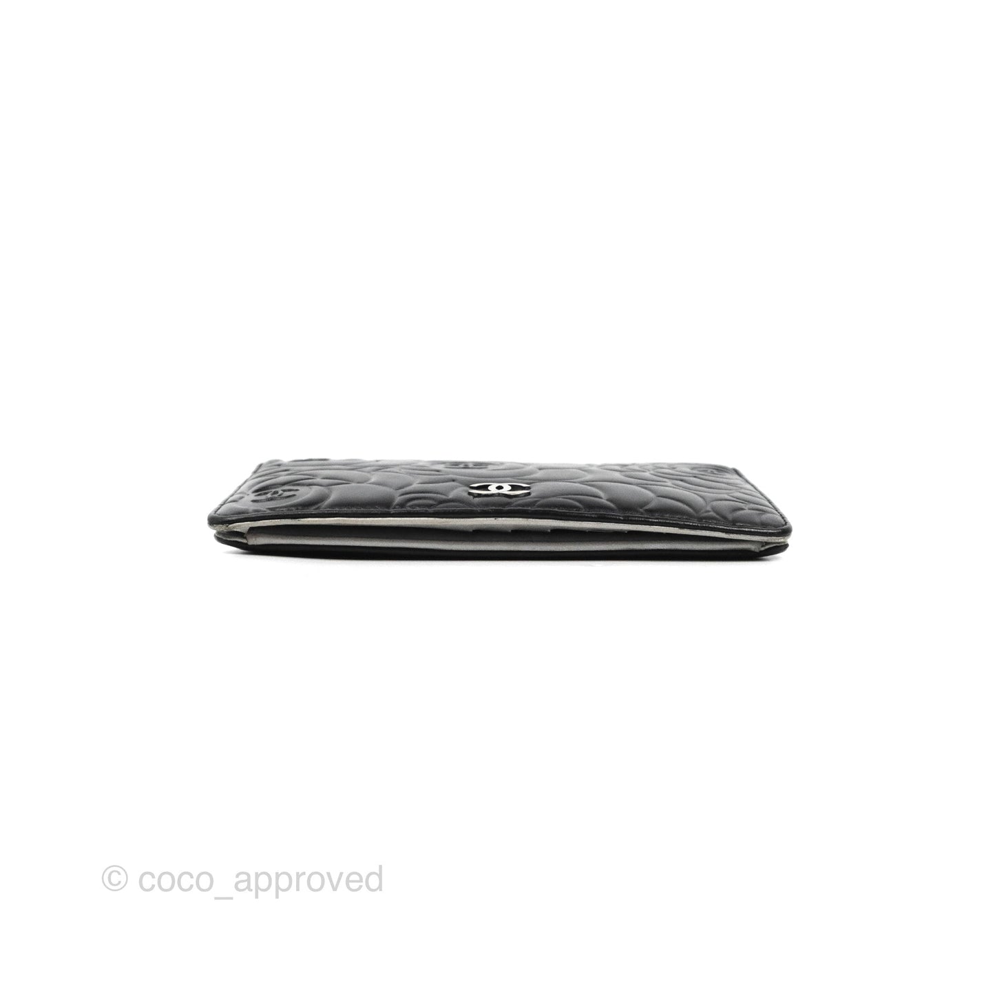 Chanel Yen Camellia Embossed Wallet Black Lambskin Silver Hardware