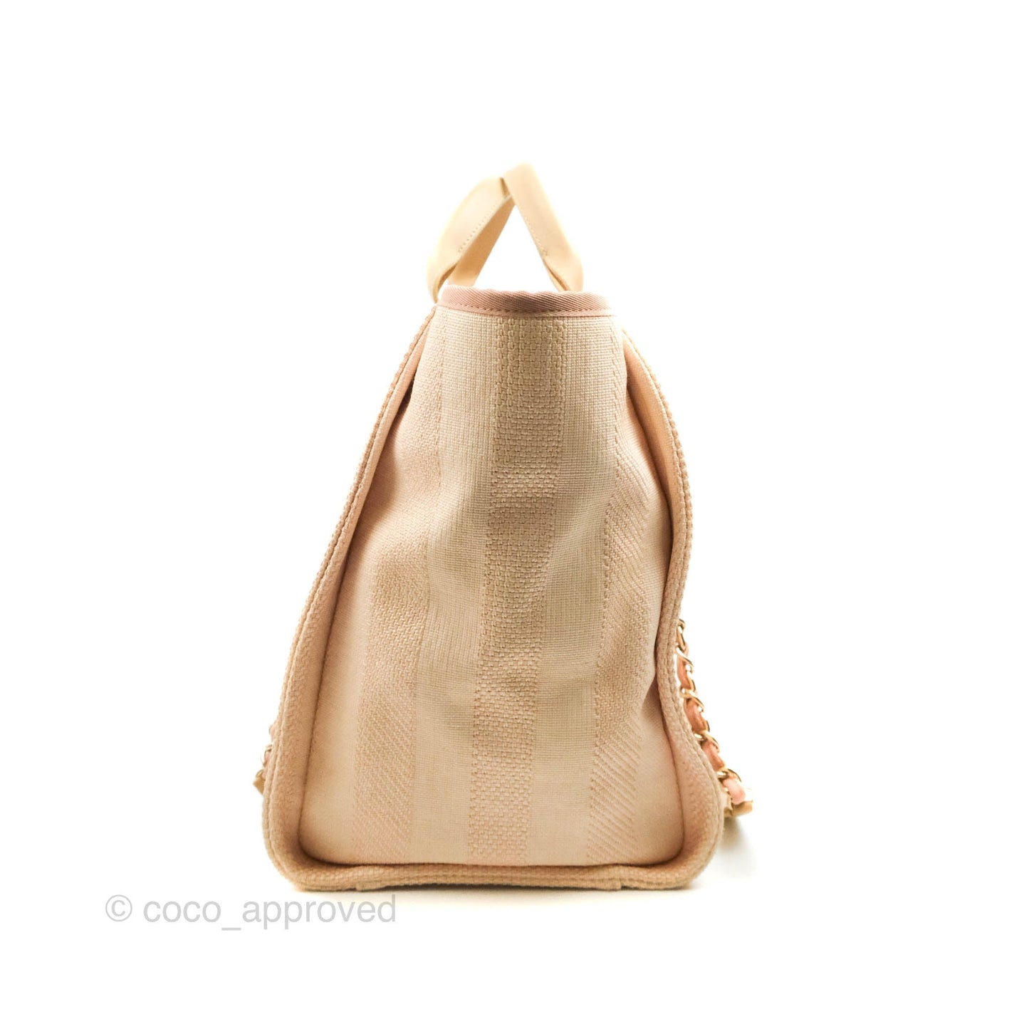 Chanel Large Deauville Pink Stripe Canvas Beige Handle Gold Hardware