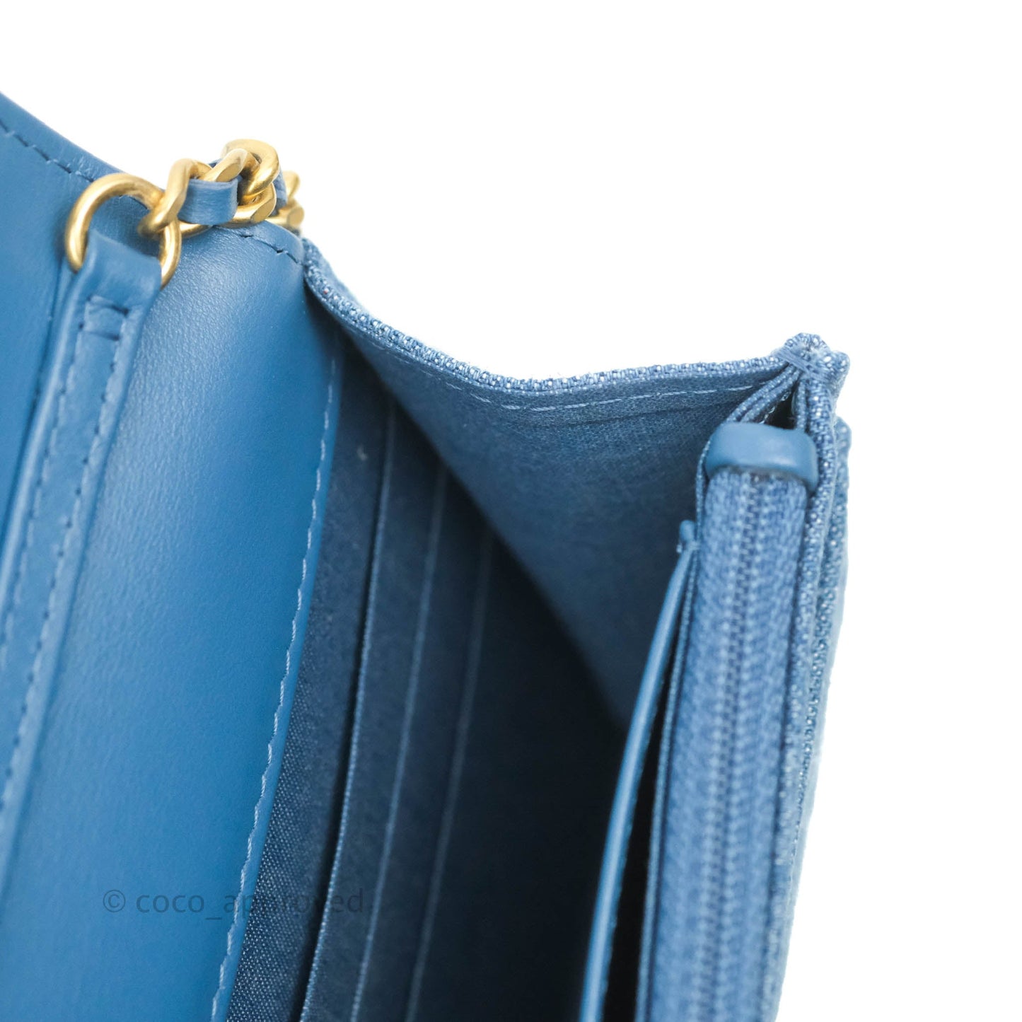 Chanel Quilted Pearl Crush Wallet on Chain WOC Denim Aged Gold Hardware