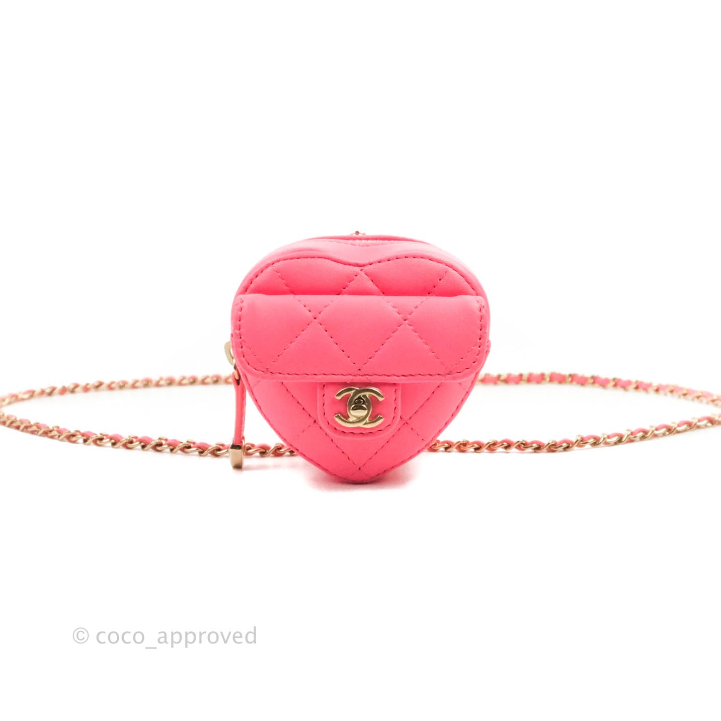 Chanel Small Heart Coin Purse Necklace Pink Lambskin Gold Hardware 22S
