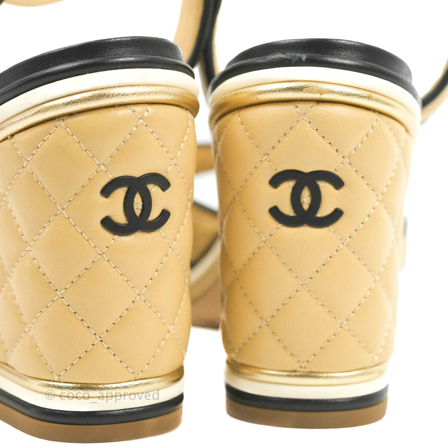 Chanel Beige Black Quilted Leather CC Block Heel Ankle Strap Sandal Size 38