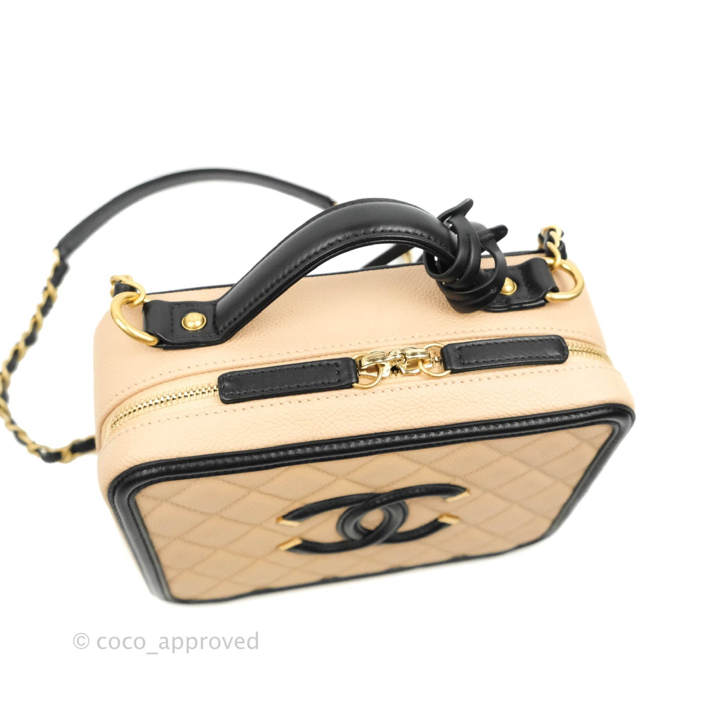 Chanel Quilted Medium CC Filigree Vanity Case Beige Caviar Gold Hardware