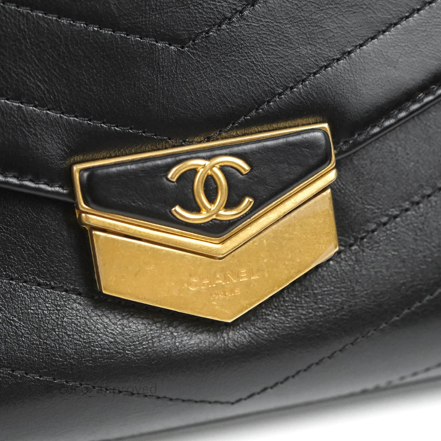Chanel Medal Envelope Flap Bag Chevron Black Calfskin Aged Gold Hardware