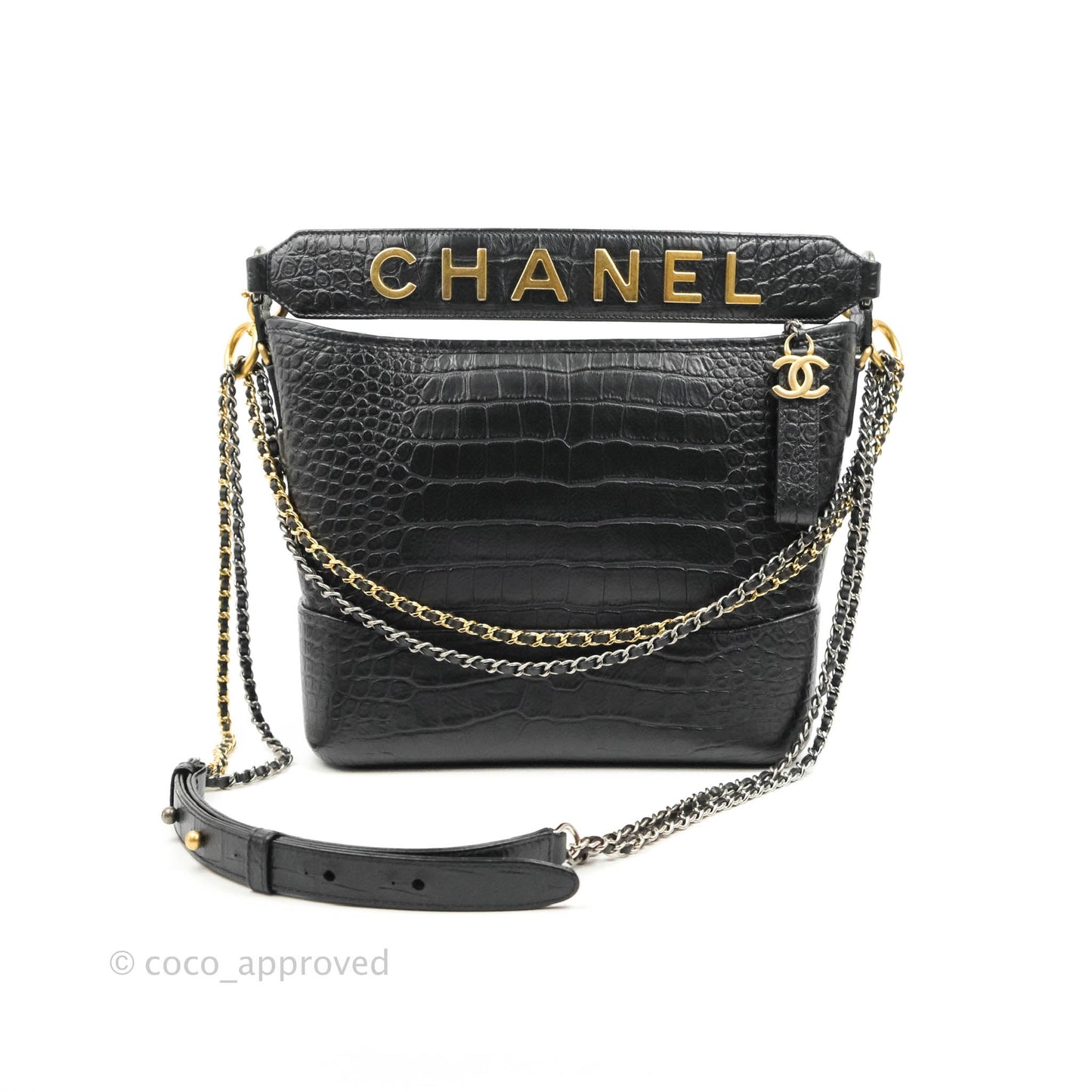 Chanel Large Gabrielle Hobo Crocodile Embossed Black Calfskin