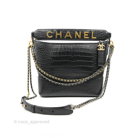 Chanel Large Gabrielle Hobo Crocodile Embossed Black Calfskin