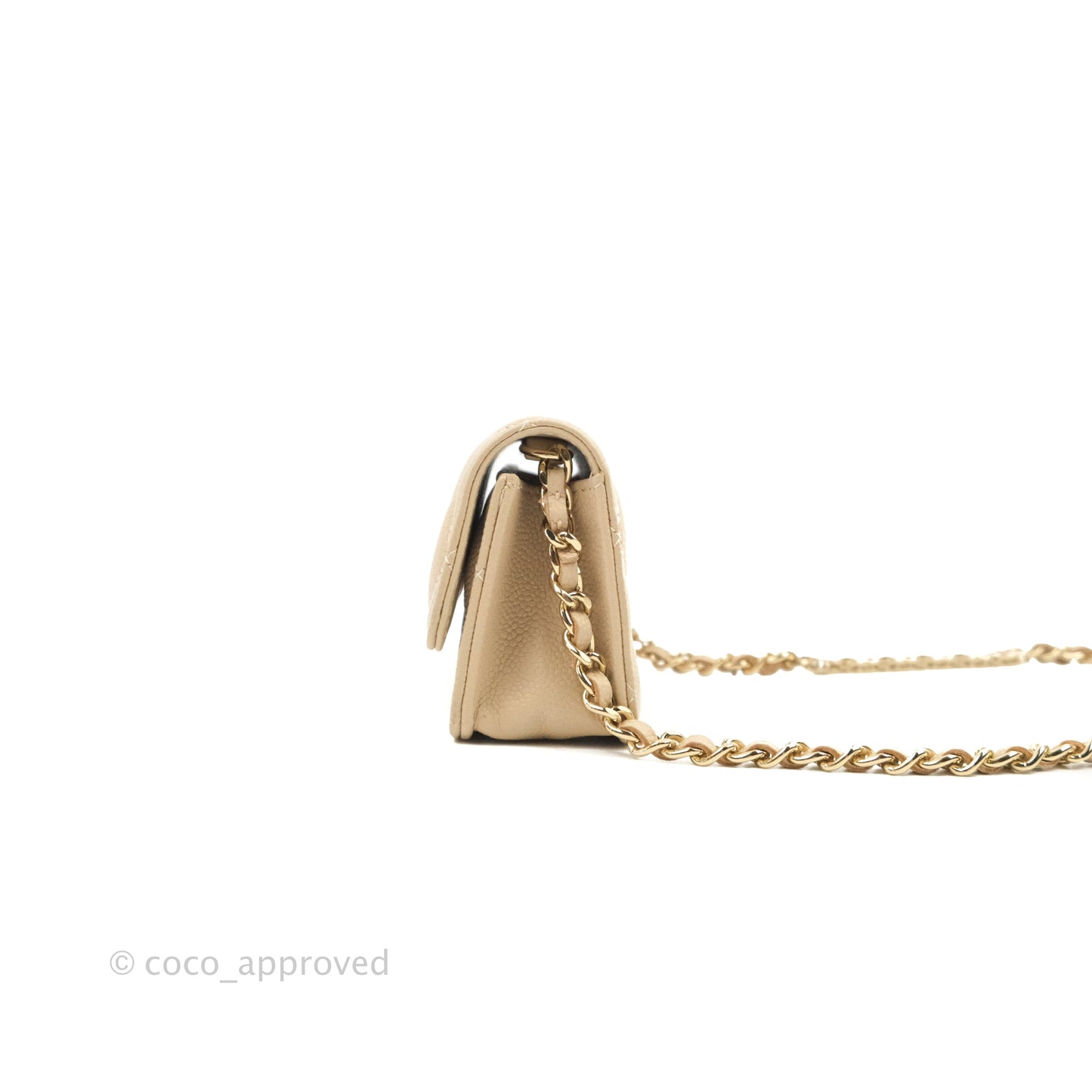 Chanel Quilted Card Holder with CC Chain Beige Caviar Gold Hardware