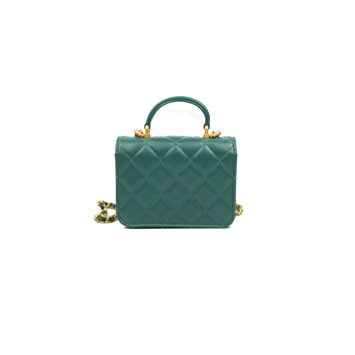 Chanel Mini Handle Flap Coin Purse With Chain Green Lambskin Gold Hardware