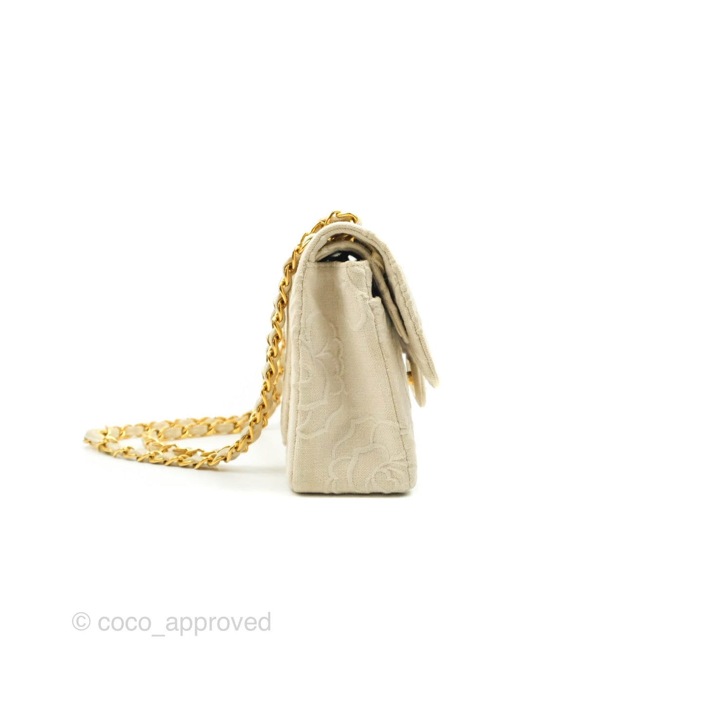 Chanel Small Flap Camellia Embroidered Ivory Beige Linen Canvas 24K Gold Hardware