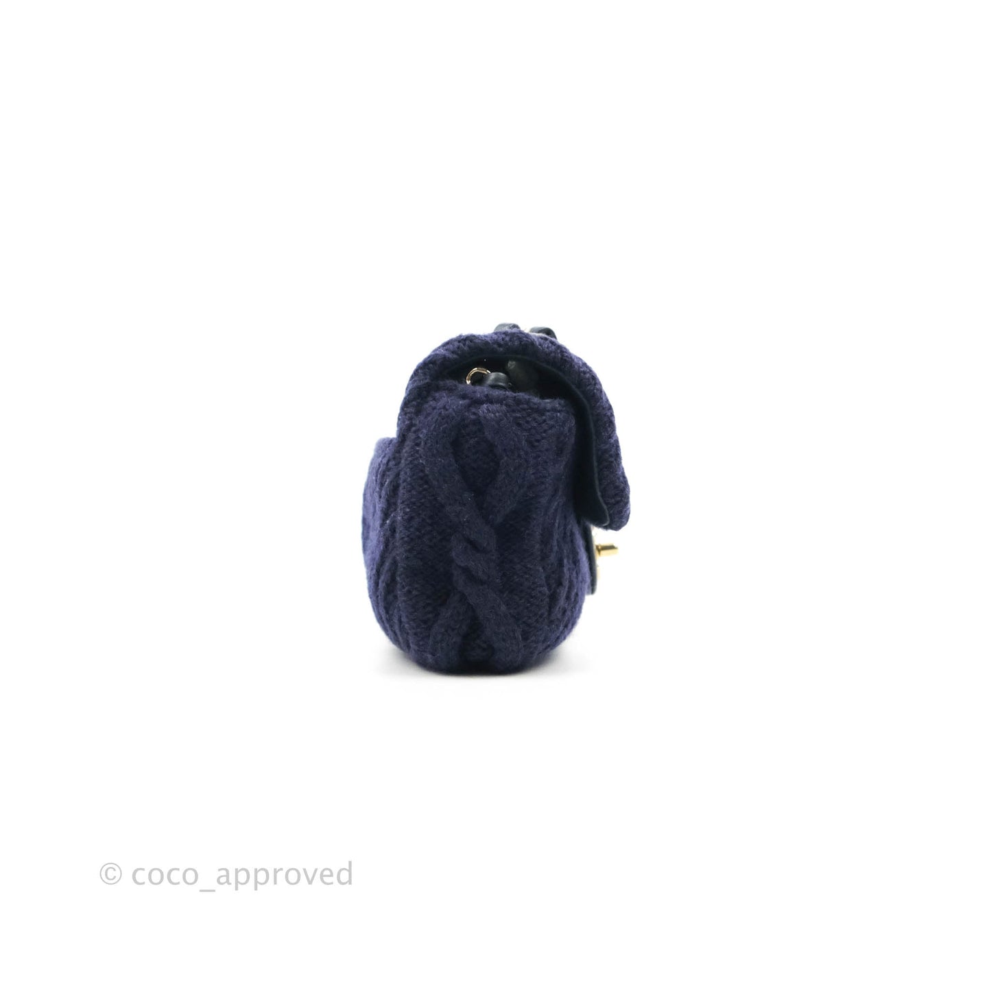 Chanel Mini Rectangular Flap Navy Blue Cable Knit Gold Hardware