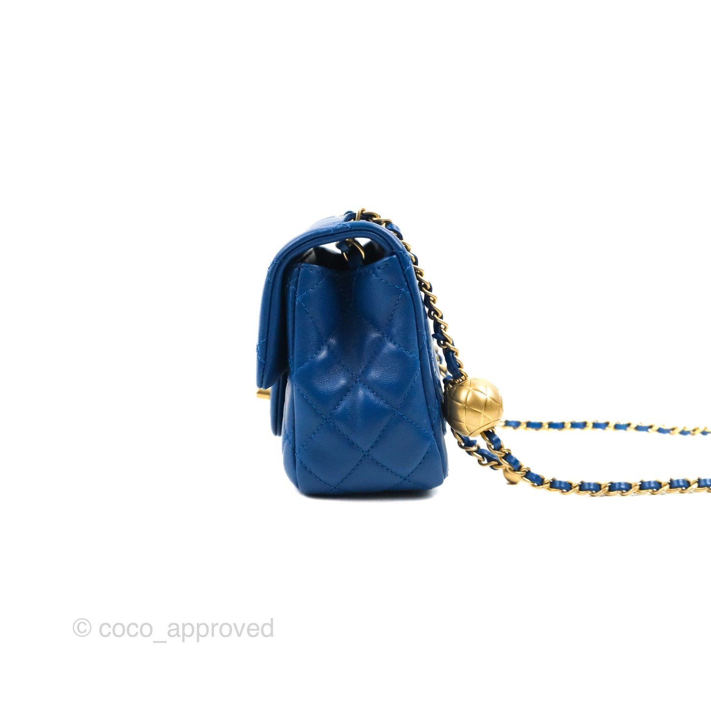 Chanel Mini Square Pearl Crush Quilted Blue Lambskin Aged Gold Hardware