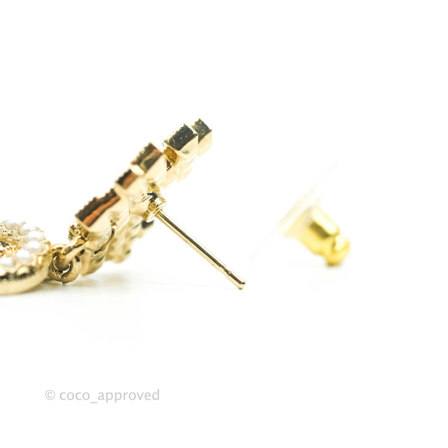 Chanel Black Resin Pearl Crown CC Drop Earrings Gold Tone 21A