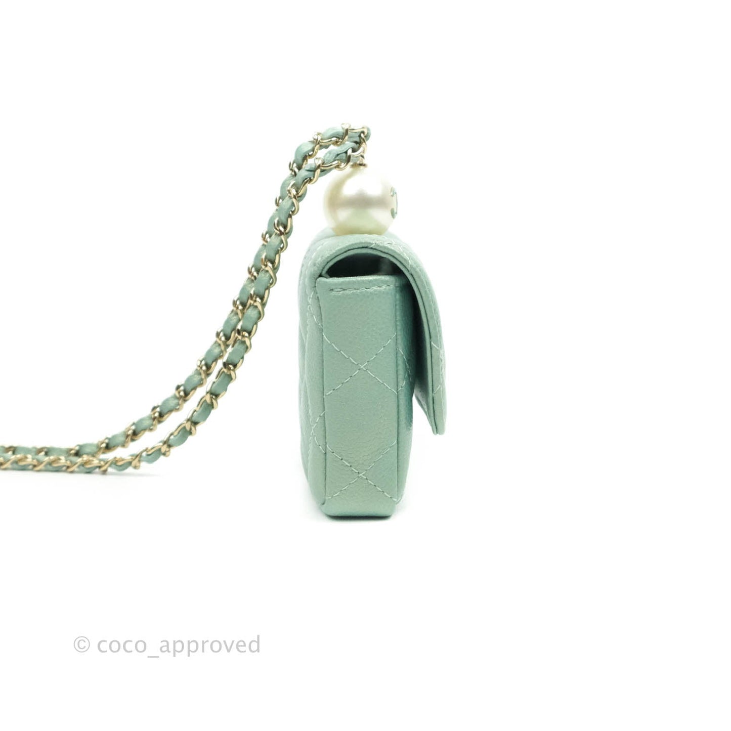 Chanel Quilted Card Holder With Chain Iridescent Mint Caviar Gold Hardware