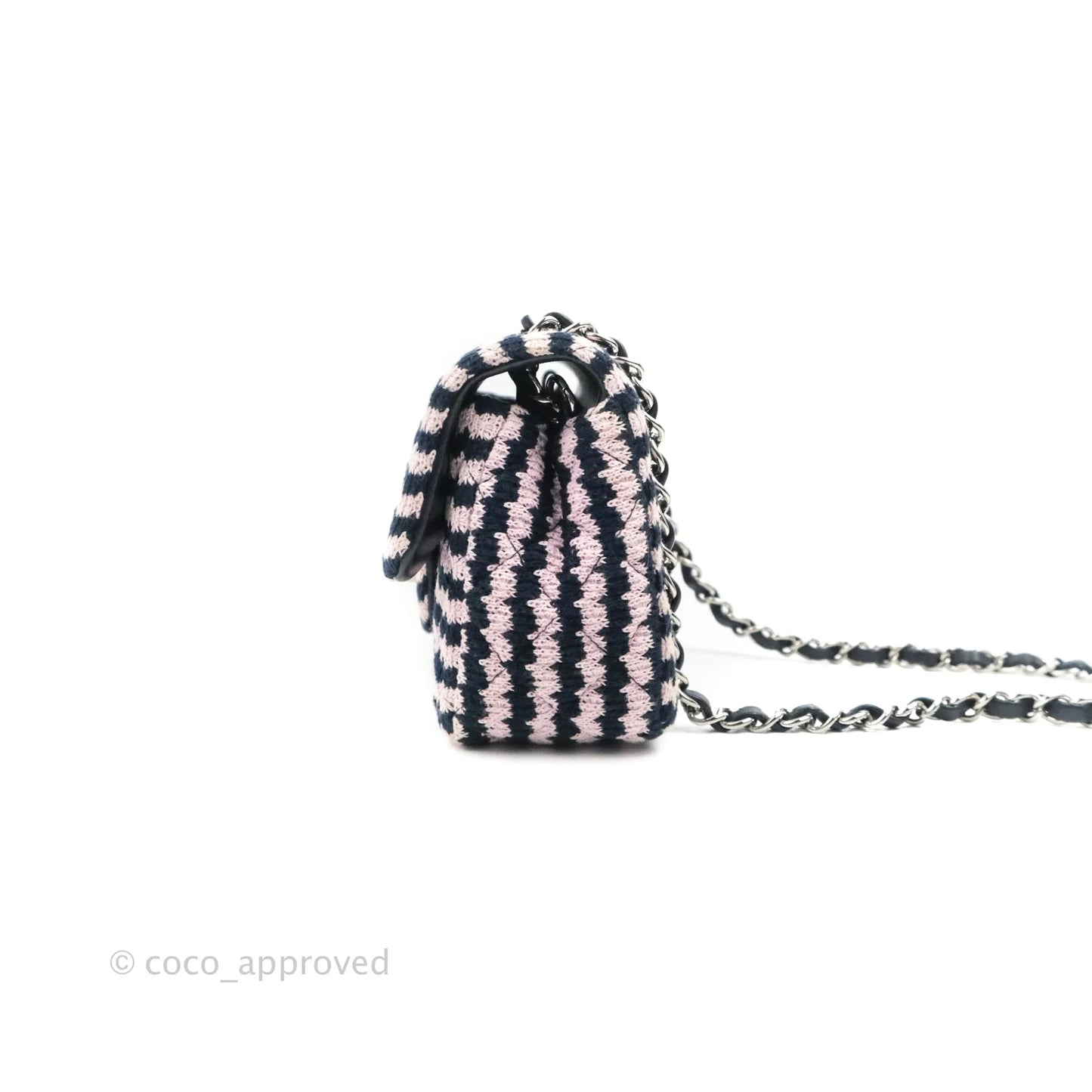 Chanel Mini Rectangular Flap Bag Navy Pink Striped Tweed Silver Hardware