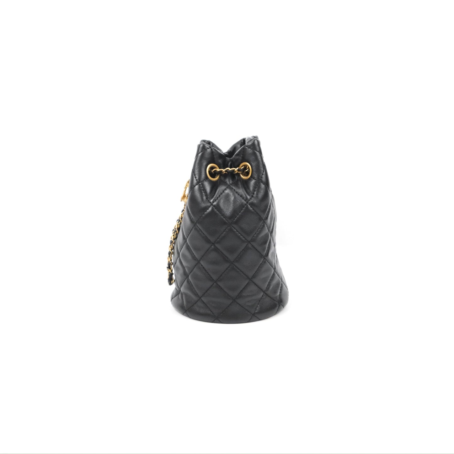 Chanel Pearl Crush Bucket Bag Black Lambskin Aged Gold Hardware 22S