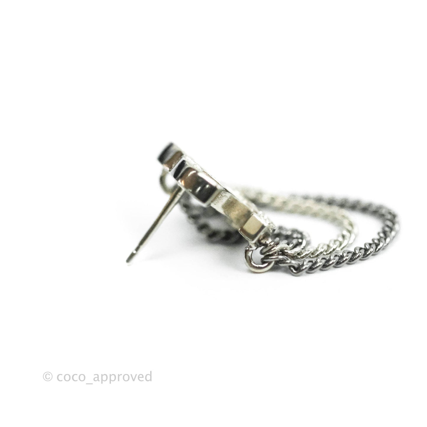 Chanel Crystal CC Chain Pendant Earrings Silver Tone 21B