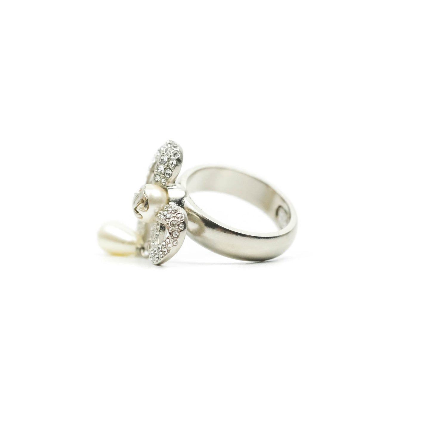 Chanel CC Crystal Bow Knot Drop Tear Pearl Ring Silver Tone 20A