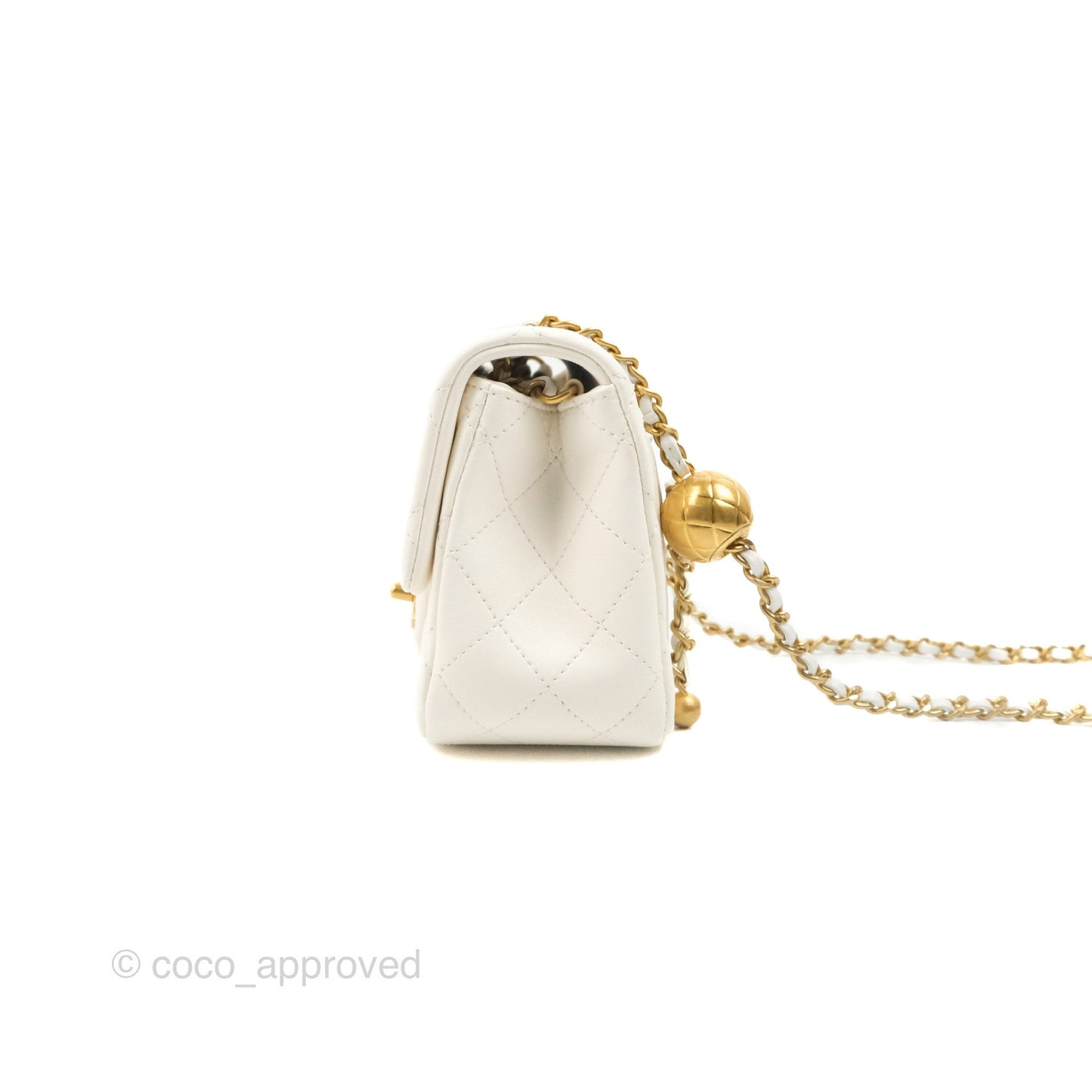Chanel Mini Square Pearl Crush Quilted White Lambskin Aged Gold Hardware