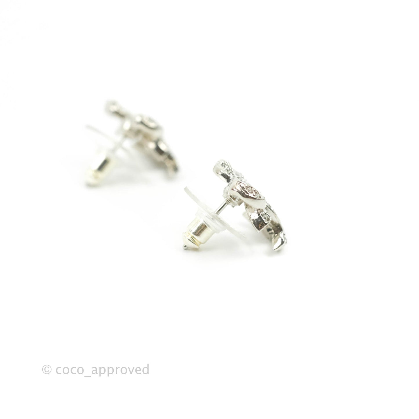 Chanel Crystal CC Bow Knot Earrings Silver Tone 22B