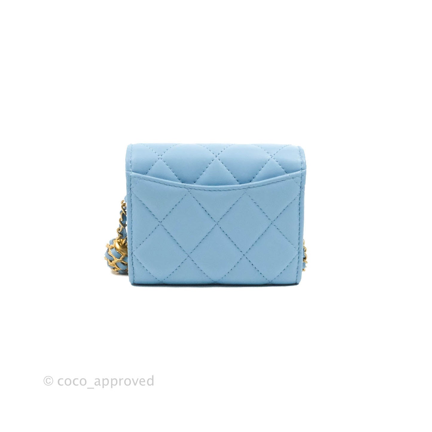 Chanel Pearl Crush Mini Clutch With Chain Blue Lambskin Aged Gold Hardware