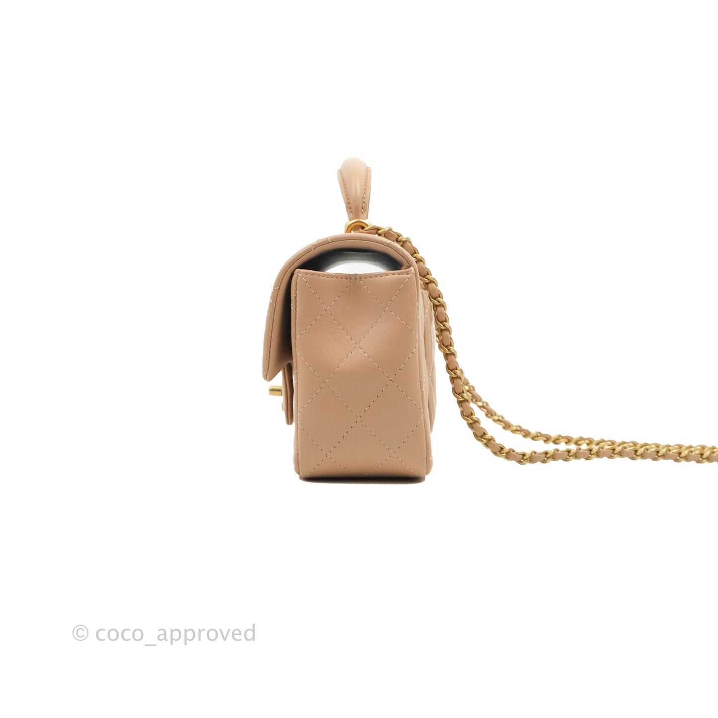 Chanel Top Handle Mini Rectangular Flap Bag Beige Lambskin Aged Gold Hardware