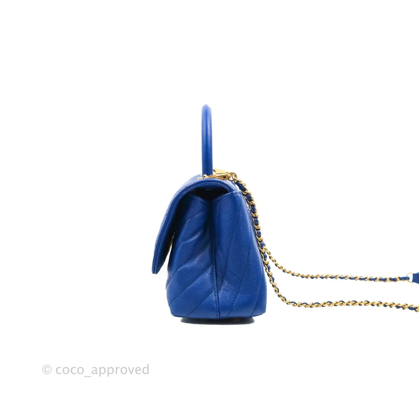 Chanel Small Coco Handle Chevron Blue Caviar Aged Gold Hardware